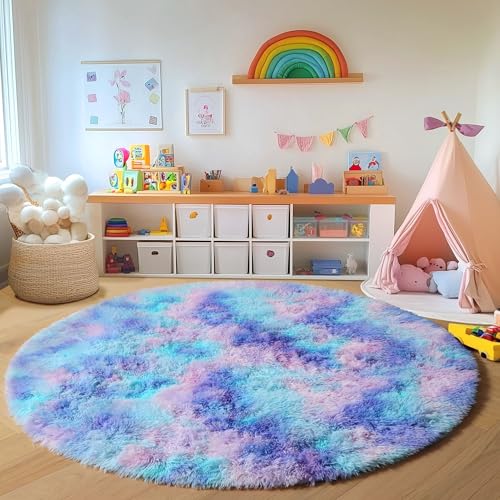 ONASAR Rainbow Round Area Rug 4ft, Soft Bedroom Circle Throw Rugs for Kids Girls Boys Teen Dorm Room, Fluffy Plush Shaggy Carpet Mats for Nursery Living Room Playroom Home Decor Princess Castle - Image 4