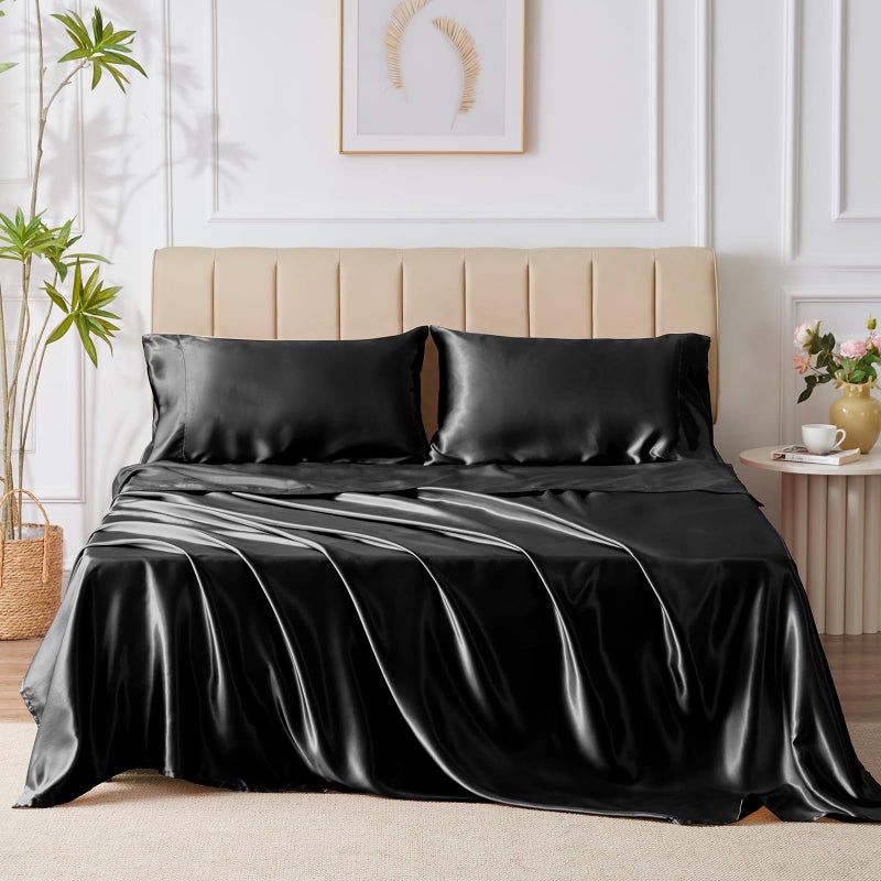 CozyLux Satin Sheets Full Size - 4 Piece Black Bed Sheet Set with Silky Microfiber  1 Deep Pocket Fitted Sheet  1 Flat Sheet  and 2 Pillowcases - Smooth and Soft - Image 2