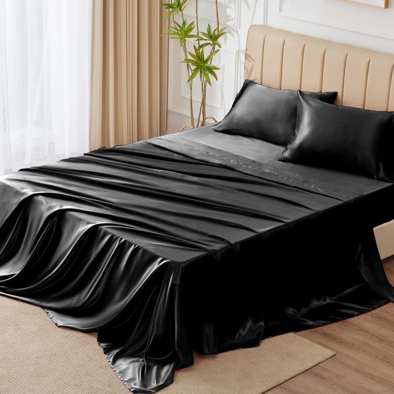 CozyLux Satin Sheets Full Size - 4 Piece Black Bed Sheet Set with Silky Microfiber  1 Deep Pocket Fitted Sheet  1 Flat Sheet  and 2 Pillowcases - Smooth and Soft - Image 5