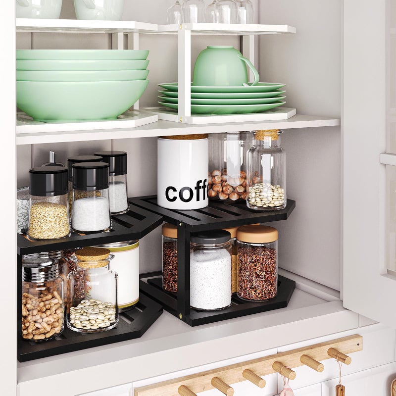 VERTORGAN Bamboo Corner Shelf(2 Pack),2 Tier Plate Organizer for Cabinet and Countertop,Pantry Dish and Spice Rack for Kitchen(Black) - Image 5