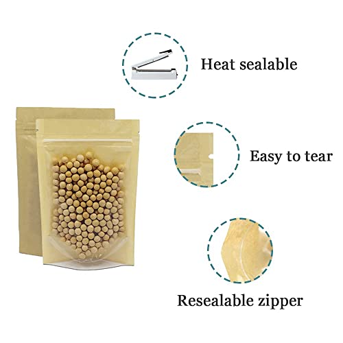 FERENLI 50 Pcs 3.9x5.9 inch (Inside Size 3.1x3.3) Clear Front Brown Kraft Paper for Zip Plastic Package Lock Bag Doypack Stand Up Pouch Reclosable Pouch Nuts Coffee Food Storage Packaging Pack - Image 3