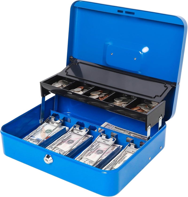 Jssmst Locking Metal Cash Box with Coin Lid, 11.8L x 9.5W x 3.5H Inches, Safe Money Box with Key Lock, Blue, SM-CB0513BL - Image 1