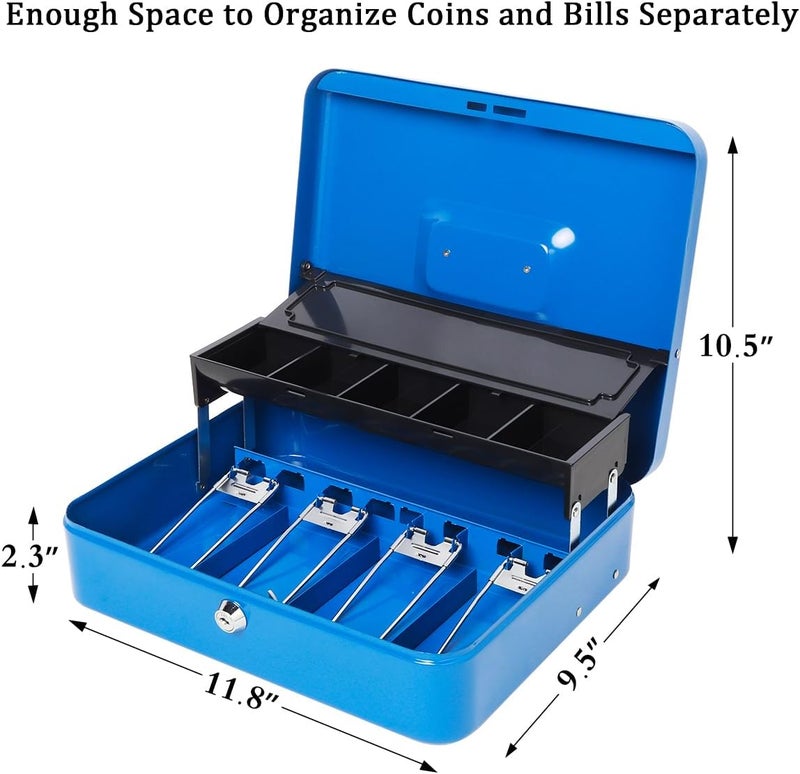 Jssmst Locking Metal Cash Box with Coin Lid, 11.8L x 9.5W x 3.5H Inches, Safe Money Box with Key Lock, Blue, SM-CB0513BL - Image 2