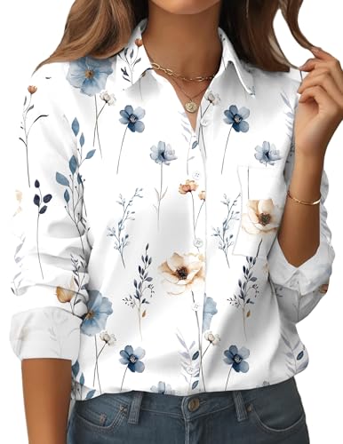 Zeagoo Button Down Shirts for Women Business Casual White Floral Dressy Tops Long Sleeve Work Blouses Outfit 2025 - Image 1