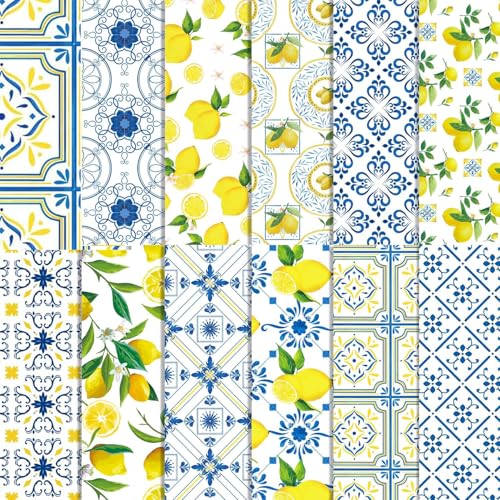 BHNACIER 24 Sheets Tiles Lemon Pattern Paper Mediterranean Tiles Lemons Scrapbook Paper 12 x 12 DoubleSided Lemons Positano Tile Blue and Yellow Craft Papers Pad Summer Fruit Patterned Decorative Papers - Image 1