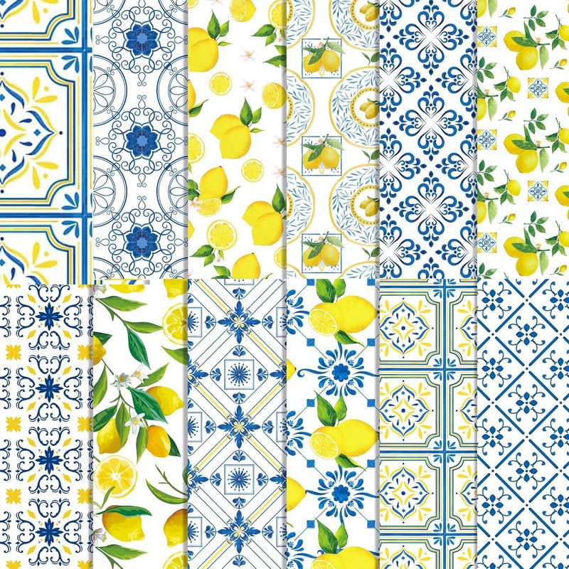 BHNACIER 24 Sheets Tiles Lemon Pattern Paper Mediterranean Tiles Lemons Scrapbook Paper 12 x 12 DoubleSided Lemons Positano Tile Blue and Yellow Craft Papers Pad Summer Fruit Patterned Decorative Papers - Image 3