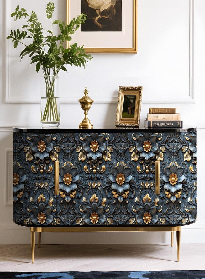 LACHEERY 17.5"x275" Navy Blue Floral Peel and Stick Wallpaper Vintage Blue and Gold Flower Wallpaper Vintage Floral Contact Paper Peel and Stick Retro Removable Wall Paper for Wall Self Adhesive Roll - Image 4