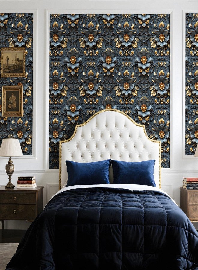 LACHEERY 17.5"x275" Navy Blue Floral Peel and Stick Wallpaper Vintage Blue and Gold Flower Wallpaper Vintage Floral Contact Paper Peel and Stick Retro Removable Wall Paper for Wall Self Adhesive Roll - Image 3