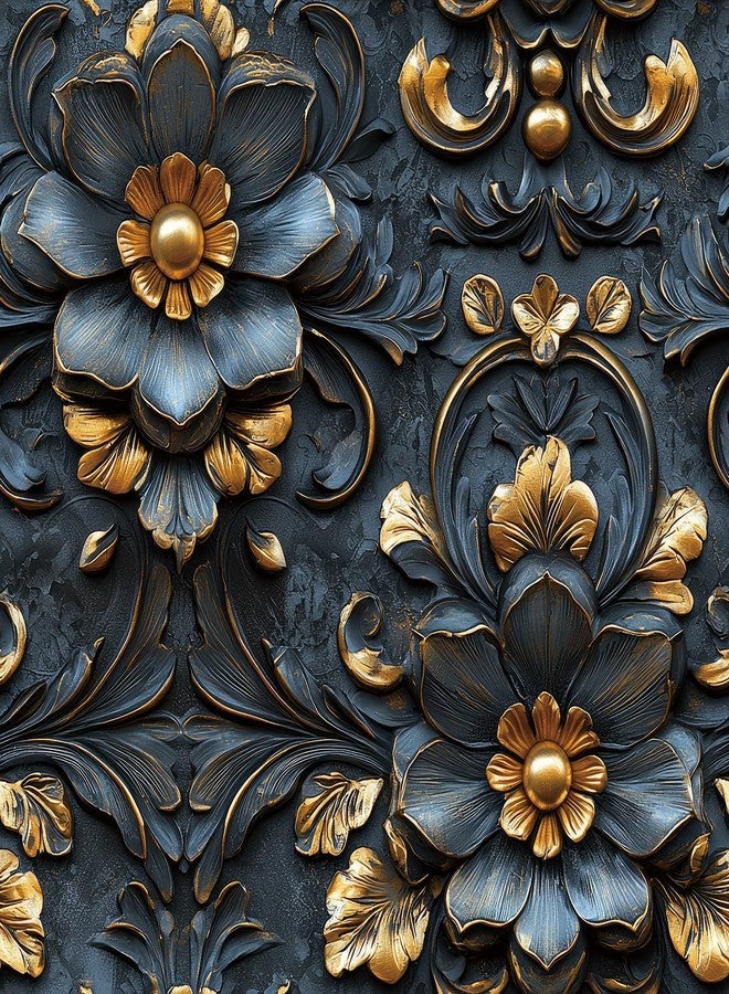 LACHEERY 17.5"x275" Navy Blue Floral Peel and Stick Wallpaper Vintage Blue and Gold Flower Wallpaper Vintage Floral Contact Paper Peel and Stick Retro Removable Wall Paper for Wall Self Adhesive Roll - Image 1