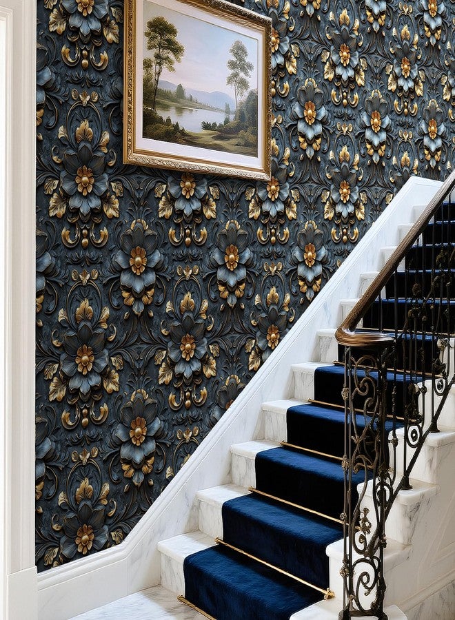 LACHEERY 17.5"x275" Navy Blue Floral Peel and Stick Wallpaper Vintage Blue and Gold Flower Wallpaper Vintage Floral Contact Paper Peel and Stick Retro Removable Wall Paper for Wall Self Adhesive Roll - Image 5