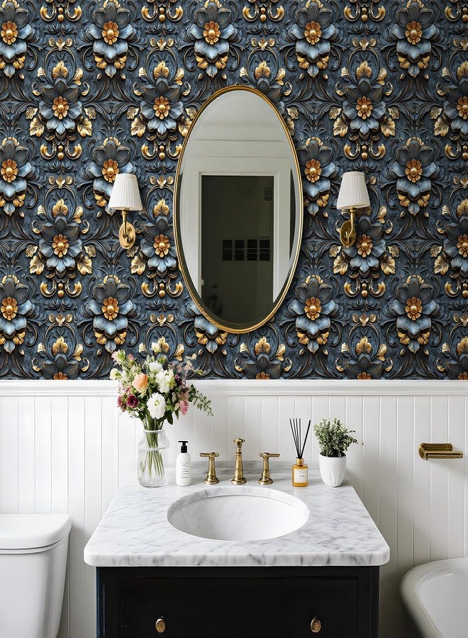 LACHEERY 17.5"x275" Navy Blue Floral Peel and Stick Wallpaper Vintage Blue and Gold Flower Wallpaper Vintage Floral Contact Paper Peel and Stick Retro Removable Wall Paper for Wall Self Adhesive Roll - Image 2