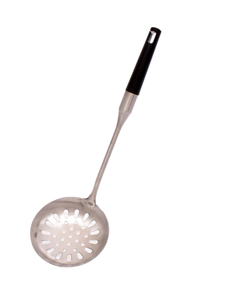 Stainless Steel Skimmer Spoon with Long Handle, Black Grip, Kitchen Utensil - Image 2