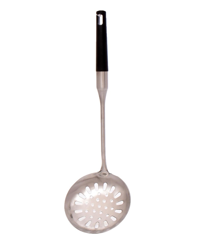 Stainless Steel Skimmer Spoon with Long Handle, Black Grip, Kitchen Utensil - Image 1