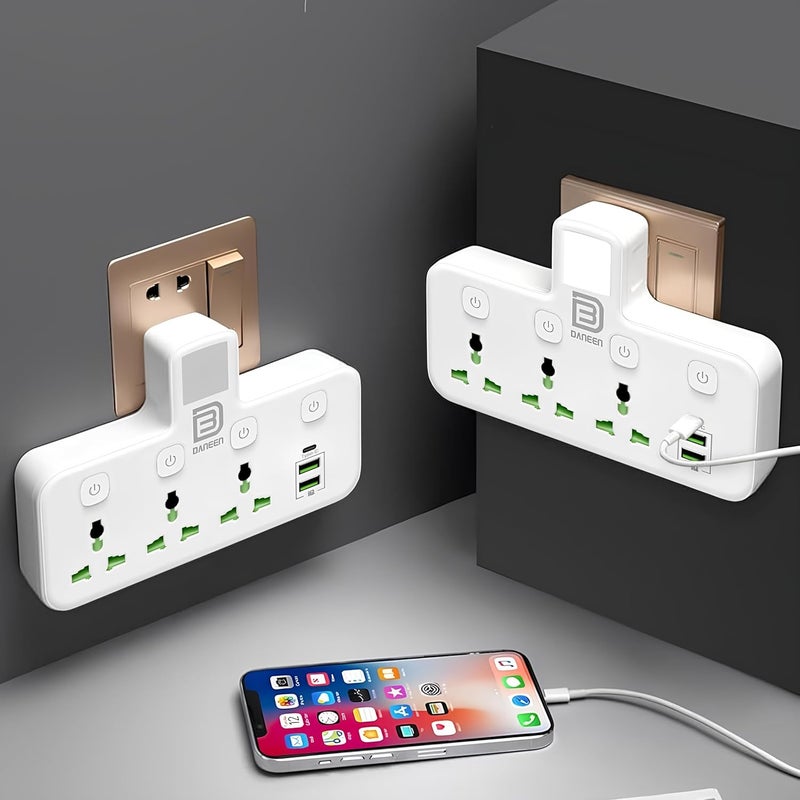 DANEEN 6-in-1 Multi plug power extension socket 3 Outlets, 2 USB Ports, 1 Type-C, LED Night Light, Surge protector, Universal plug adapter 4000W for multiple devices (White)(Socket Extender YS-T06) - Image 1