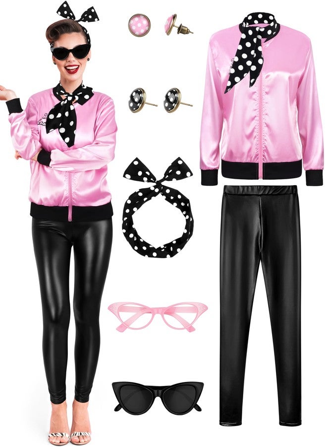 SOMSOC 1950s Pink Satin Jacket with Pant Polka Dot Scarf Headband Earrings and Cat Eye Glasses Halloween Cosplay Costume Set - Image 1
