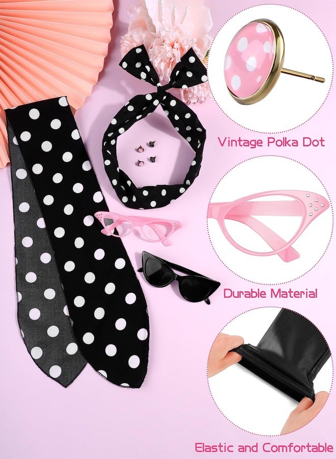 SOMSOC 1950s Pink Satin Jacket with Pant Polka Dot Scarf Headband Earrings and Cat Eye Glasses Halloween Cosplay Costume Set - Image 4