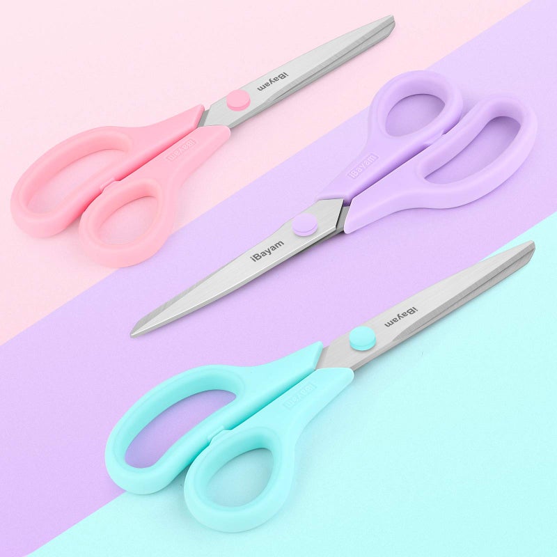 iBayam Scissors, iBayam 8" All Purpose Scissors Bulk 3-Pack, Ultra Sharp 2.5mm Thick Blade Shears Comfort-Grip for Aesthetic Fun Cute School Office Teacher Desk Crafts and Art Supplies Accessories Essential - Image 2