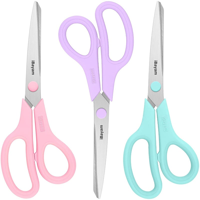 iBayam Scissors, iBayam 8" All Purpose Scissors Bulk 3-Pack, Ultra Sharp 2.5mm Thick Blade Shears Comfort-Grip for Aesthetic Fun Cute School Office Teacher Desk Crafts and Art Supplies Accessories Essential - Image 1
