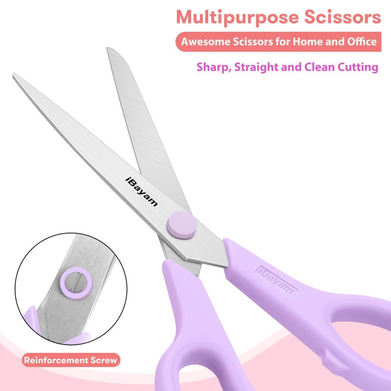iBayam Scissors, iBayam 8" All Purpose Scissors Bulk 3-Pack, Ultra Sharp 2.5mm Thick Blade Shears Comfort-Grip for Aesthetic Fun Cute School Office Teacher Desk Crafts and Art Supplies Accessories Essential - Image 4