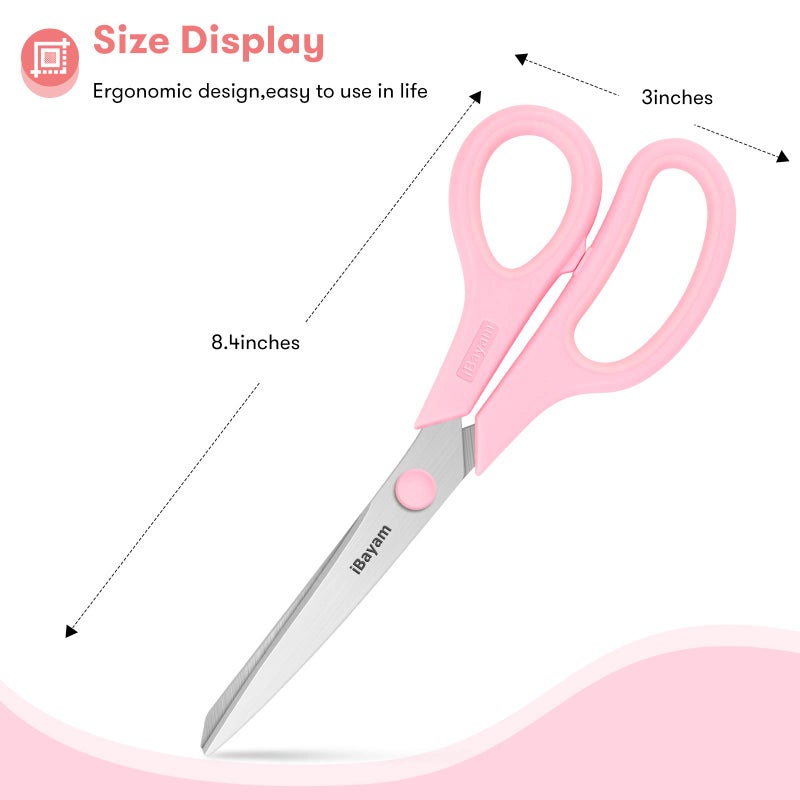 iBayam Scissors, iBayam 8" All Purpose Scissors Bulk 3-Pack, Ultra Sharp 2.5mm Thick Blade Shears Comfort-Grip for Aesthetic Fun Cute School Office Teacher Desk Crafts and Art Supplies Accessories Essential - Image 5