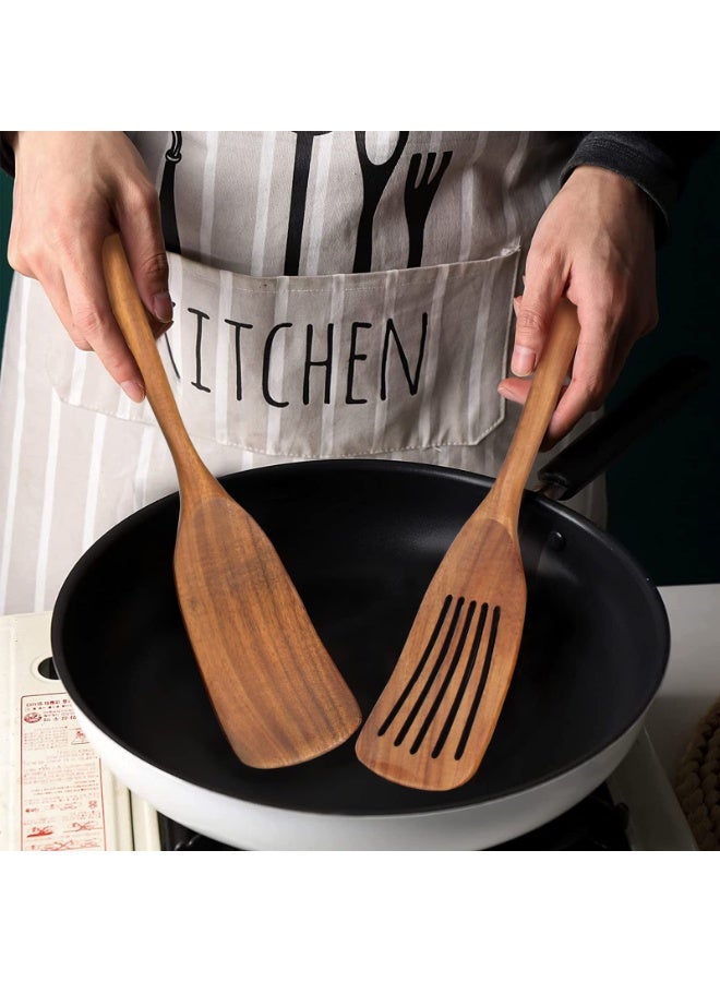 2 Pcs Acacia Wood Spatula Set Non Stick Cooking Utensils Slotted Turner Flat Wooden Kitchen Wok Spatula for Mixing Frying Fish Spatula Egg Flipper Turner Utensil - Image 2