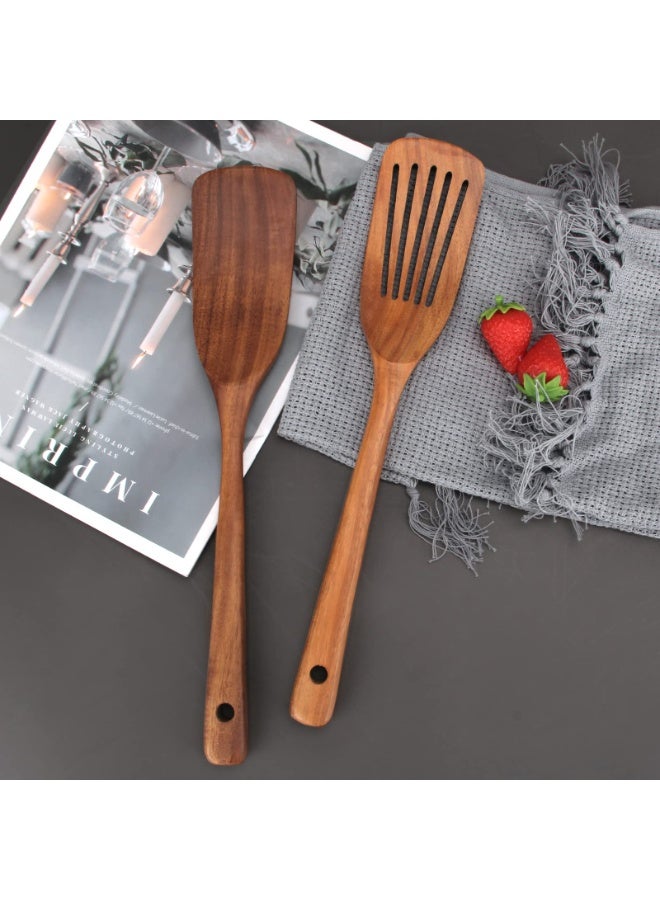2 Pcs Acacia Wood Spatula Set Non Stick Cooking Utensils Slotted Turner Flat Wooden Kitchen Wok Spatula for Mixing Frying Fish Spatula Egg Flipper Turner Utensil - Image 4
