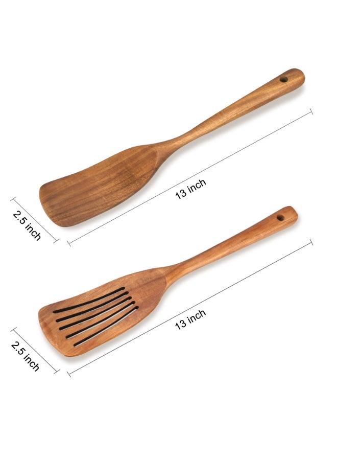 2 Pcs Acacia Wood Spatula Set Non Stick Cooking Utensils Slotted Turner Flat Wooden Kitchen Wok Spatula for Mixing Frying Fish Spatula Egg Flipper Turner Utensil - Image 3