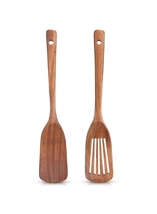 2 Pcs Acacia Wood Spatula Set Non Stick Cooking Utensils Slotted Turner Flat Wooden Kitchen Wok Spatula for Mixing Frying Fish Spatula Egg Flipper Turner Utensil - Image 1