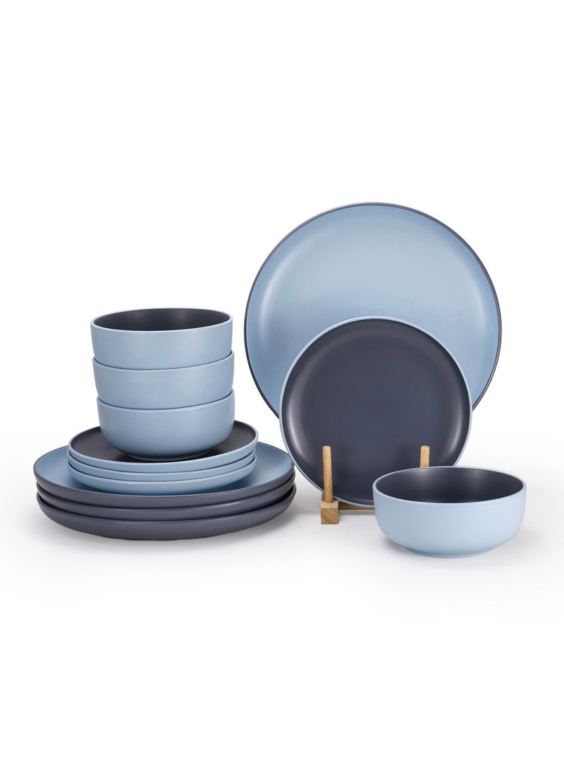 Shallow Nordic 12-Piece Dinner Set in Elegant Blue | 4 × 10.5” Dinner Plates, 4 × 7.5” Side Plates & 4 × 5.5” Deep Bowls - Image 1