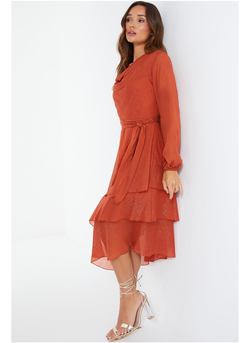 QUIZ Cowl Neck Ruffle Detail Dress  - Image 3