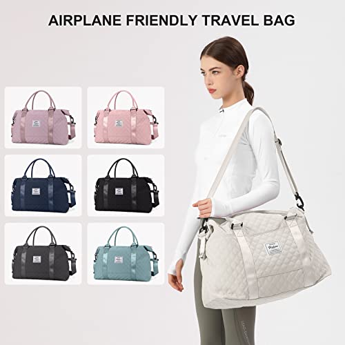 HYC00 Travel Duffel Bag, Weekender Overnight Bags for Women, Carry On Personal Item Bag with Trolley Sleeve & Wet Pocket,Beige - Image 2
