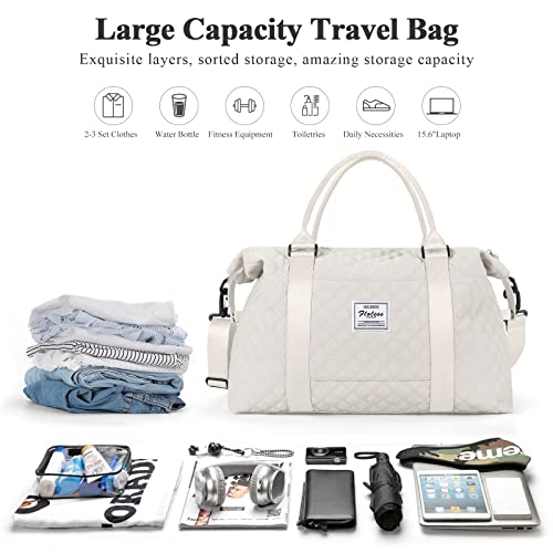 HYC00 Travel Duffel Bag, Weekender Overnight Bags for Women, Carry On Personal Item Bag with Trolley Sleeve & Wet Pocket,Beige - Image 3