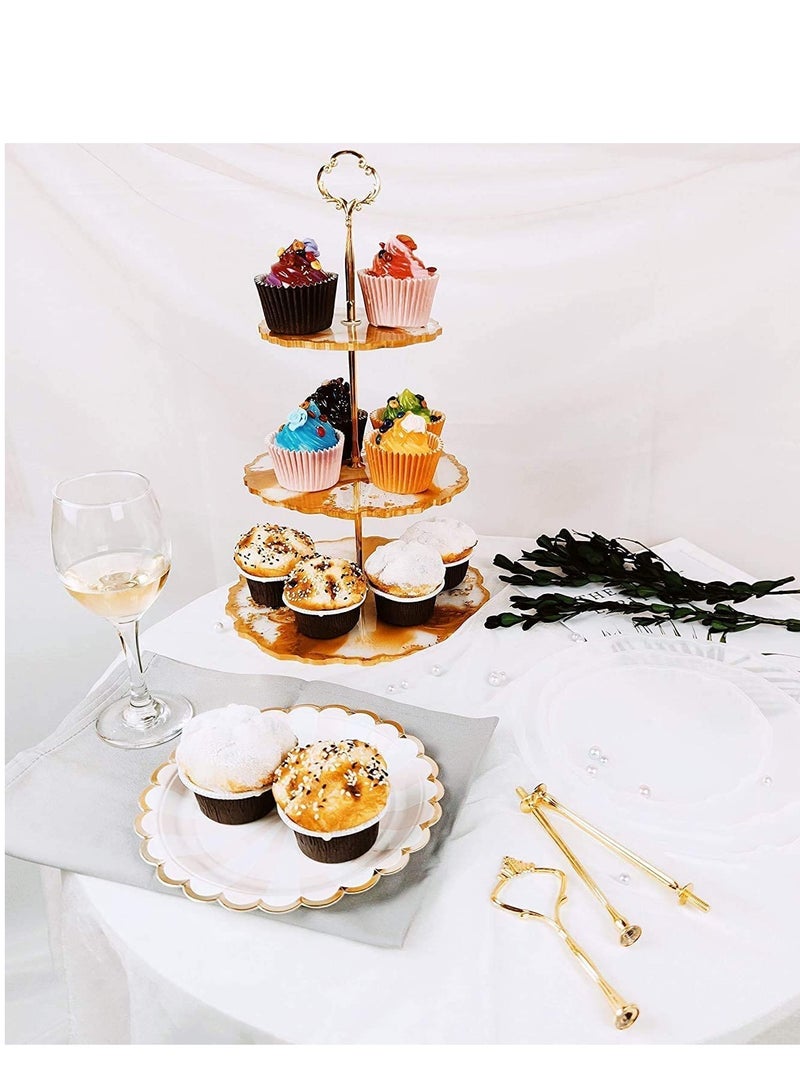 طقم حامل كعك دائري مكون من 3 طبقات لعرض الطعام للحفلات مع صينية تقديم بيضاء من البورسلين مع تركيبات جديدة - Image 5