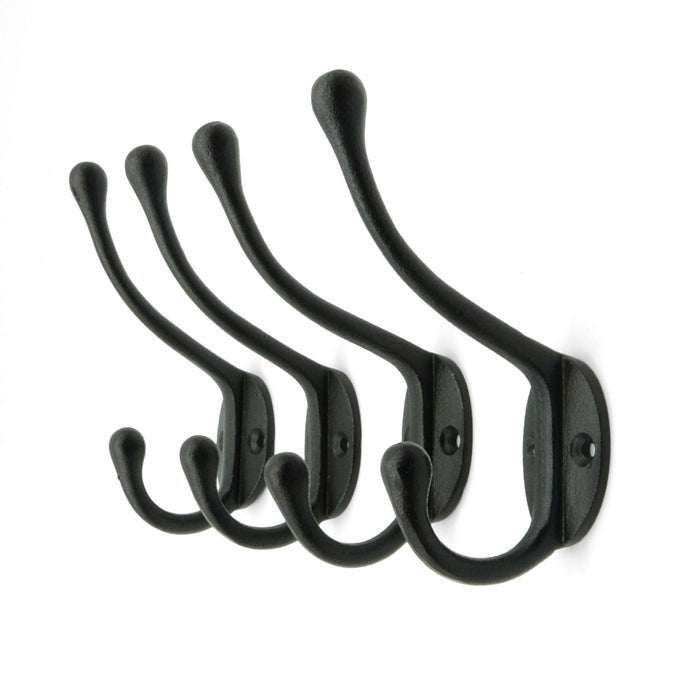 VINTAGE CAST IRON WALL HOOKS BLACK TEXTURE FINISH SET OF 4 RUSTIC FARMHOUSE COAT HOOKS GREAT FOR COATS BAGS TOWELS HATS CLASSIC SLENDER