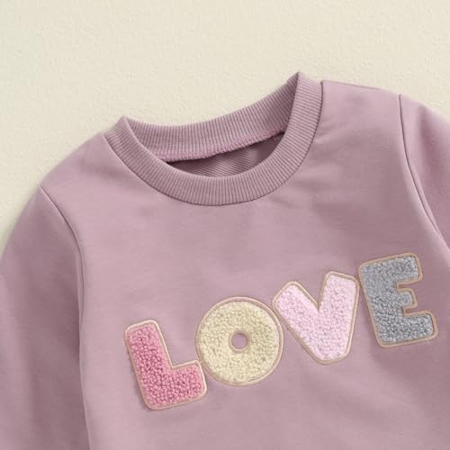 Socutebabe Baby Girl Clothes Newborn Infant Fall Winter Outfits Love Embroidery Long Sleeve Crewneck Sweatshirts Pants 0-24M (Purple, 2-3T) - Image 3
