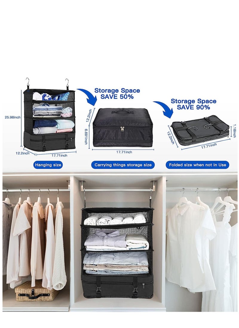 SYOSI - Portable Hanging Travel Shelves with Toiletry Bag Set Premium Durable Oxford Packing Cubes for Suitcases Hanging Carry on Closet Luggage Organizers for Travel (Black) - Image 1