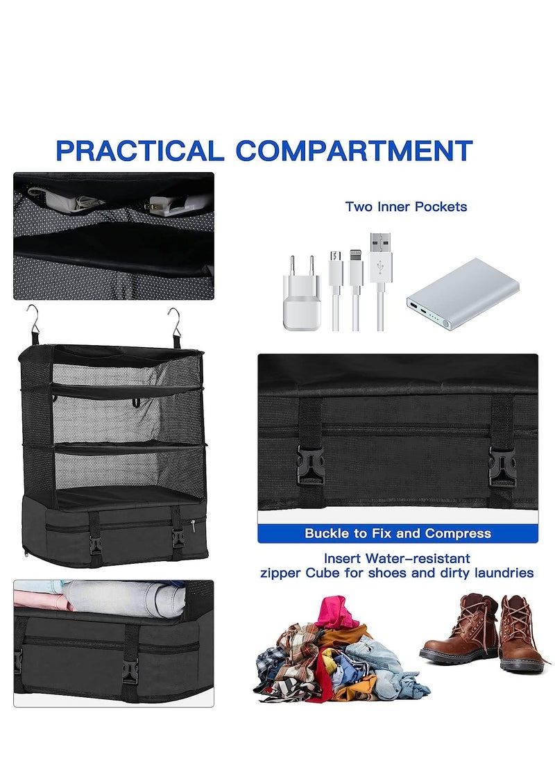 SYOSI - Portable Hanging Travel Shelves with Toiletry Bag Set Premium Durable Oxford Packing Cubes for Suitcases Hanging Carry on Closet Luggage Organizers for Travel (Black) - Image 1