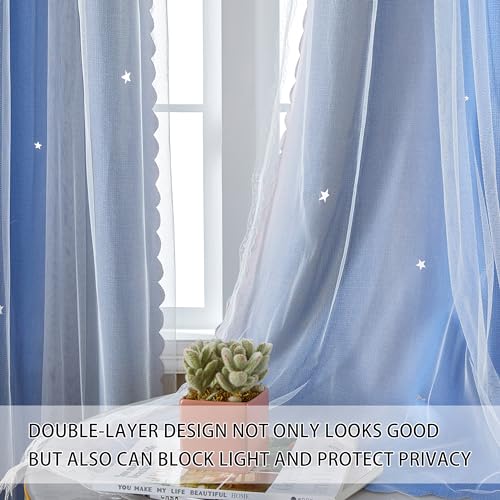 XiDi Dream Star Blackout Curtains for Kids Rooms Girl Princess Curtain for Daughter Bedroom Window (Pink Grey Blue, W34 X L63) - Image 2