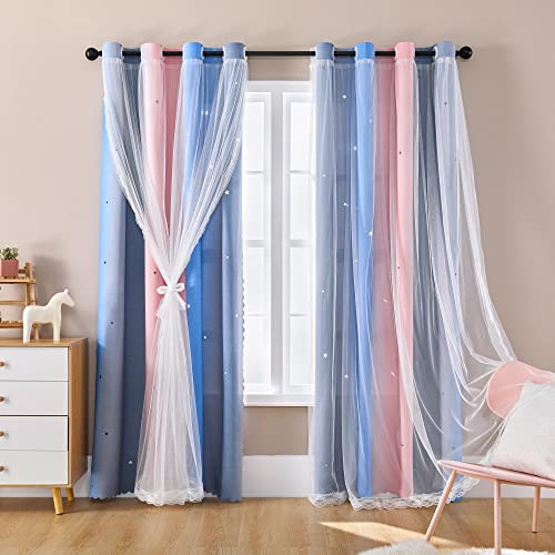 XiDi Dream Star Blackout Curtains for Kids Rooms Girl Princess Curtain for Daughter Bedroom Window (Pink Grey Blue, W34 X L63) - Image 1