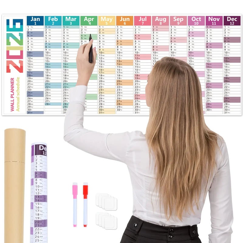 2026 Thickened Laminated Erasable Wall Hanging Calendar Planner Colorful 12 Month January to December Large Wall Calendar with Weekly and Monthly Views Colored Tabs Erasable Pen and Stick On Mounting Pad for Home and Office Organization Easy to Wipe - Image 5