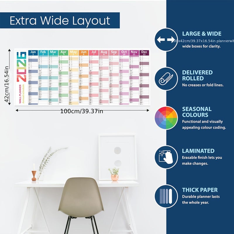 2026 Thickened Laminated Erasable Wall Hanging Calendar Planner Colorful 12 Month January to December Large Wall Calendar with Weekly and Monthly Views Colored Tabs Erasable Pen and Stick On Mounting Pad for Home and Office Organization Easy to Wipe - Image 4