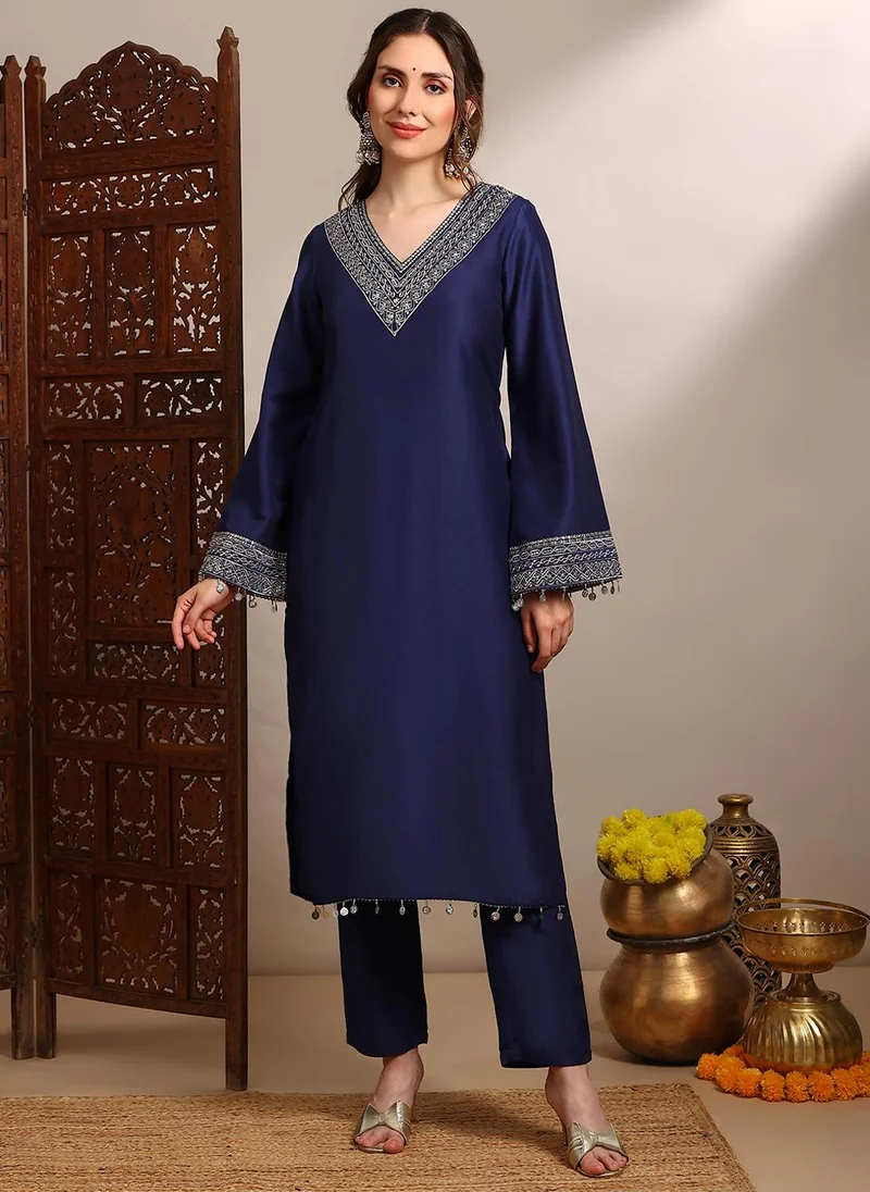 globus Globus Women Blue Sequin Zari Embroidered V-Neck Bell Sleeves Coin Detail Hem Straight Kurta With Pants Festive Set