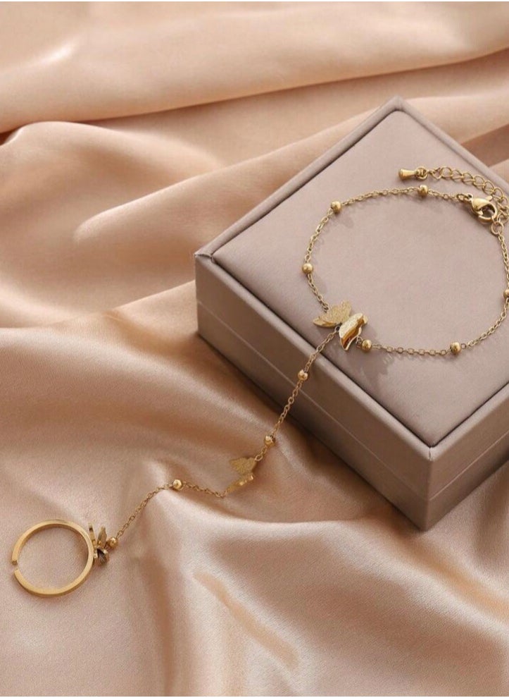 PEARL - 18k Gold Plated Stainless Steel Bracelet With Connected Ring For Women - Image 1
