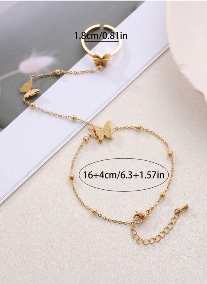 PEARL - 18k Gold Plated Stainless Steel Bracelet With Connected Ring For Women - Image 1