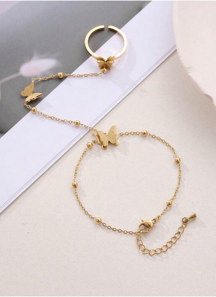 PEARL - 18k Gold Plated Stainless Steel Bracelet With Connected Ring For Women - Image 1