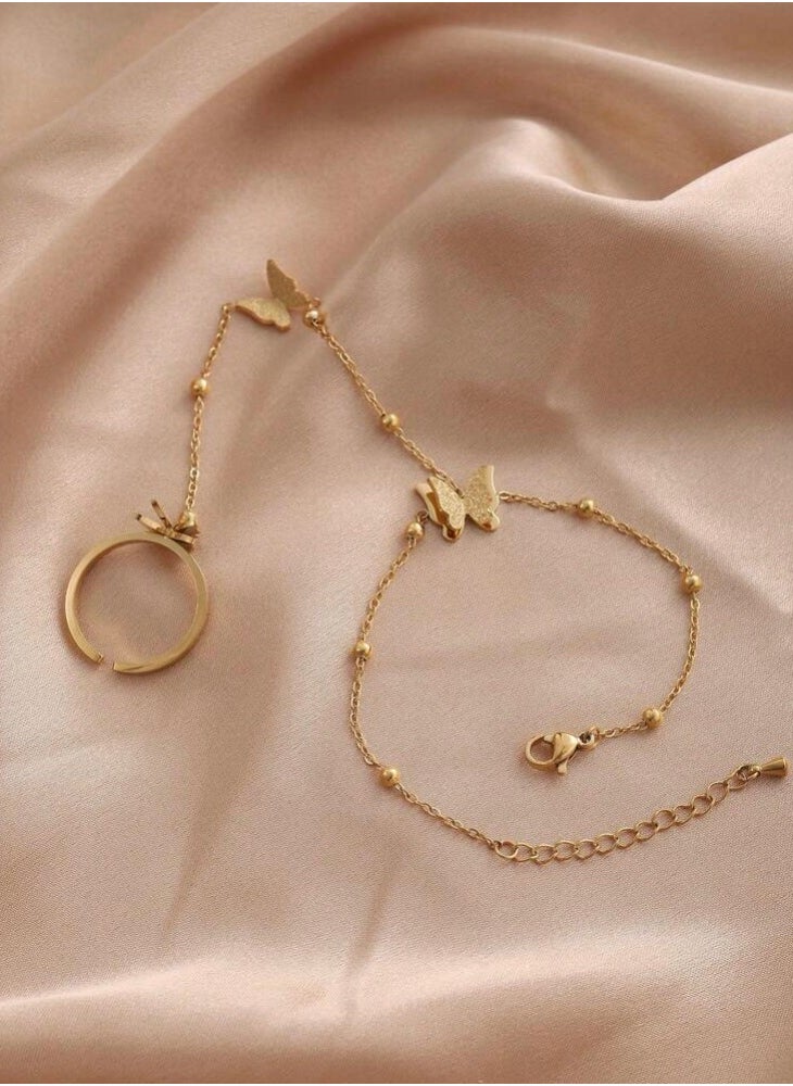 PEARL - 18k Gold Plated Stainless Steel Bracelet With Connected Ring For Women - Image 1