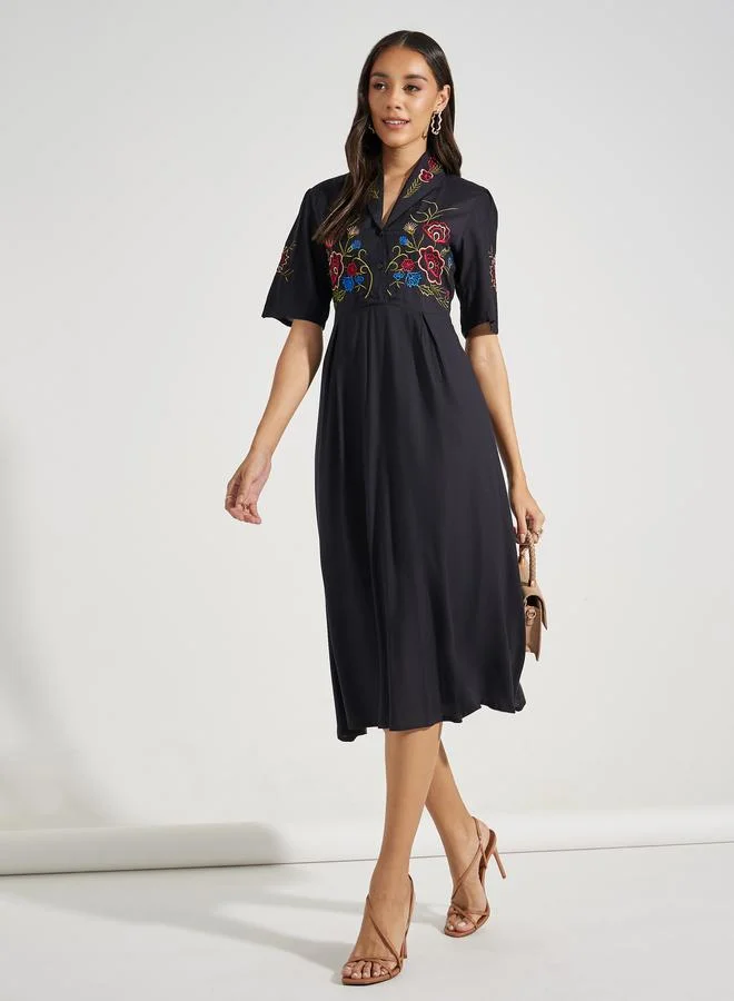 Styli Embroidered Panel Collared A-Line Midi Dress