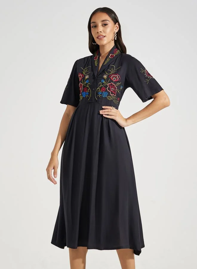 Styli Embroidered Panel Collared A-Line Midi Dress
