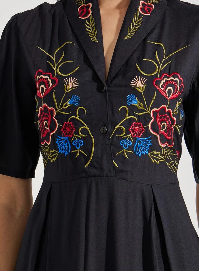 Styli Embroidered Panel Collared A-Line Midi Dress