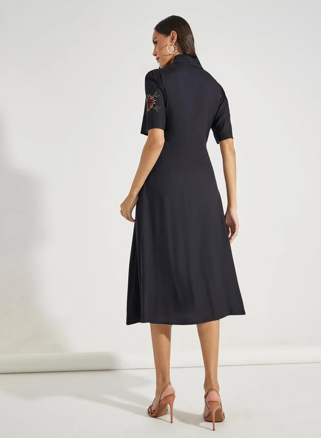 Styli Embroidered Panel Collared A-Line Midi Dress